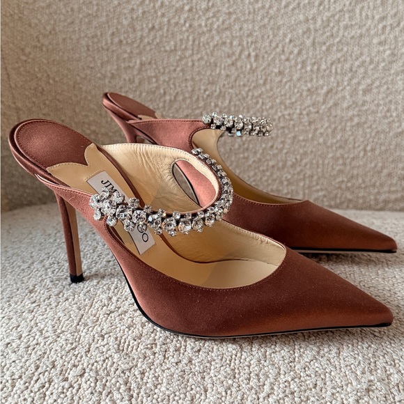 Jimmy Choo Shoes - Jimmy Choo Brown Satin Crystal-Embellished Pointed-Toe Heels